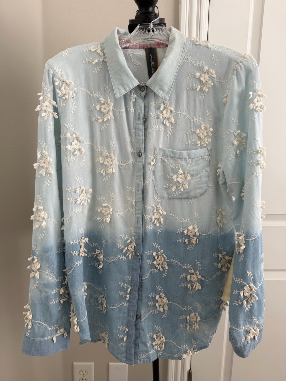 Aratta Silent Journey Blue 3D Floral Embroidered Cotton Button Down